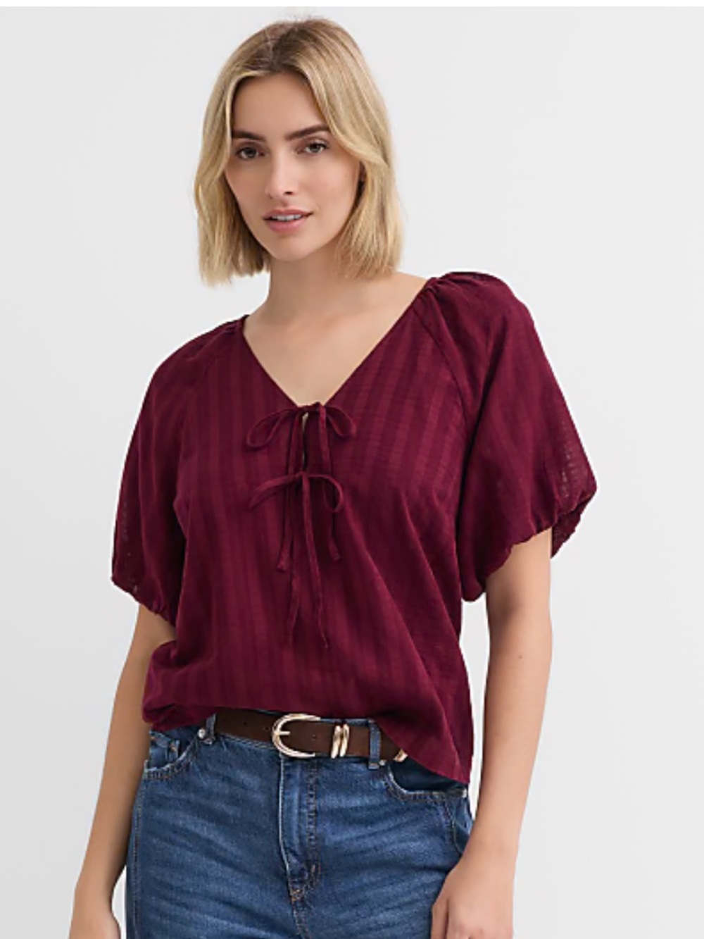 Loft Plaid Tie Bow Blouse in smoked garnet